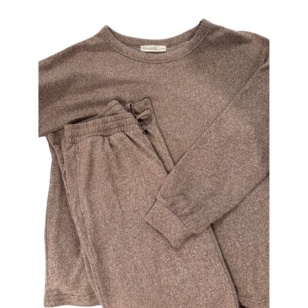 EUC Zenana Lounge Set Womens Small Brown Heathered Knit Wide Leg Pant HT-2599Y